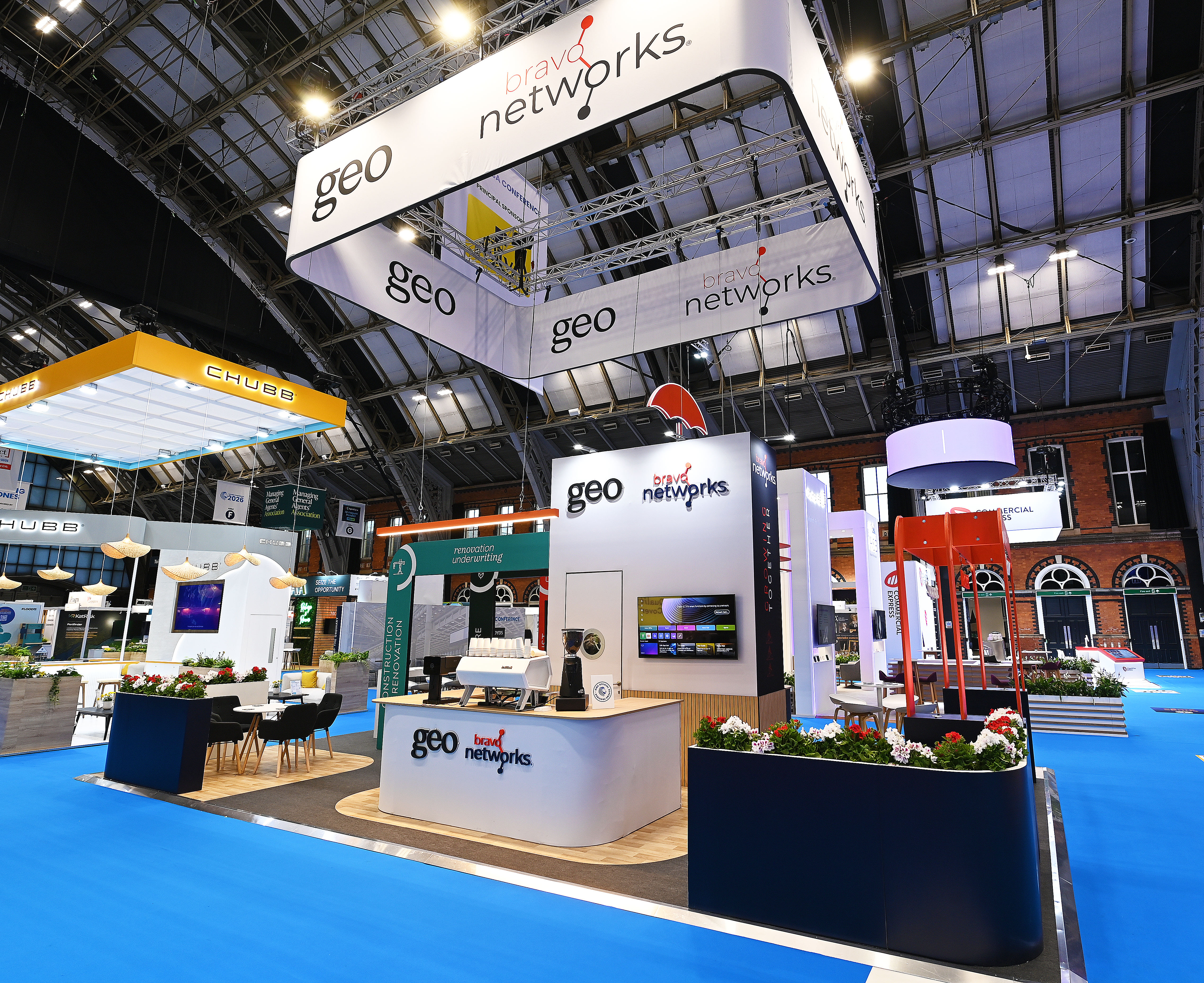 Geo Underwriting hanging banner at British Insurance Brokers Association BIBA Conference Manchester Central
